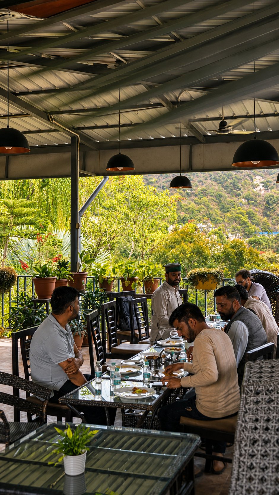 Guests dining beside the greenery at Maldevta Farms